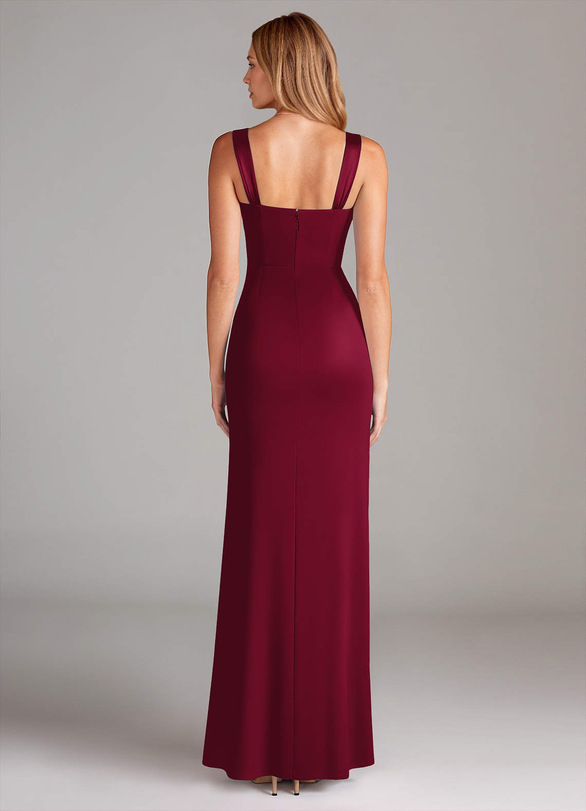 azazie maroon stretch satin dress Azazie Wrenlee