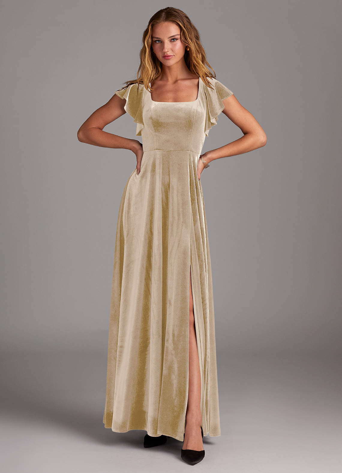champagne velvet bridesmaid dresses Azazie Bondi