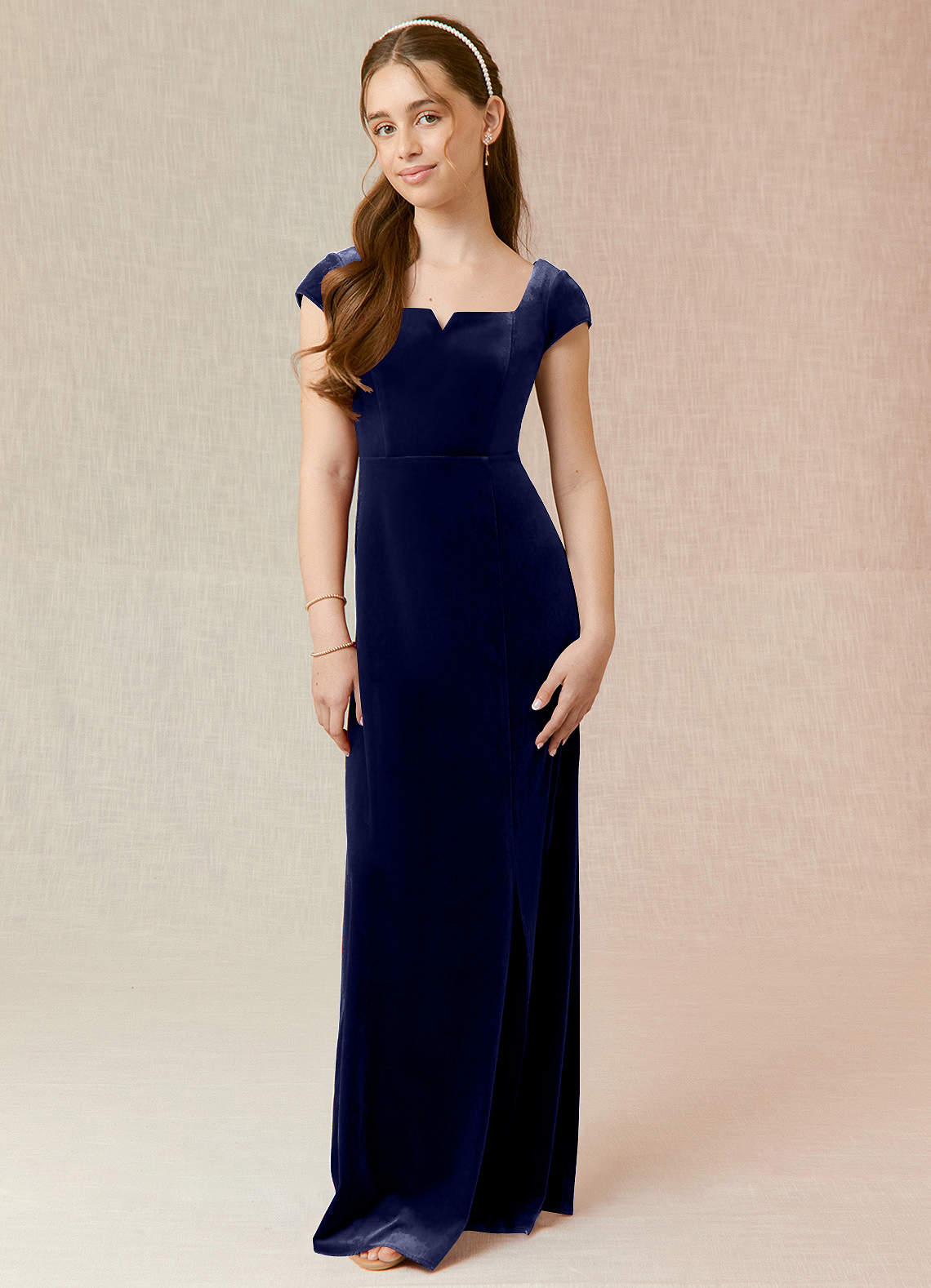 Azazie Gabi Junior Dark Navy A-Line Velvet Dress image1