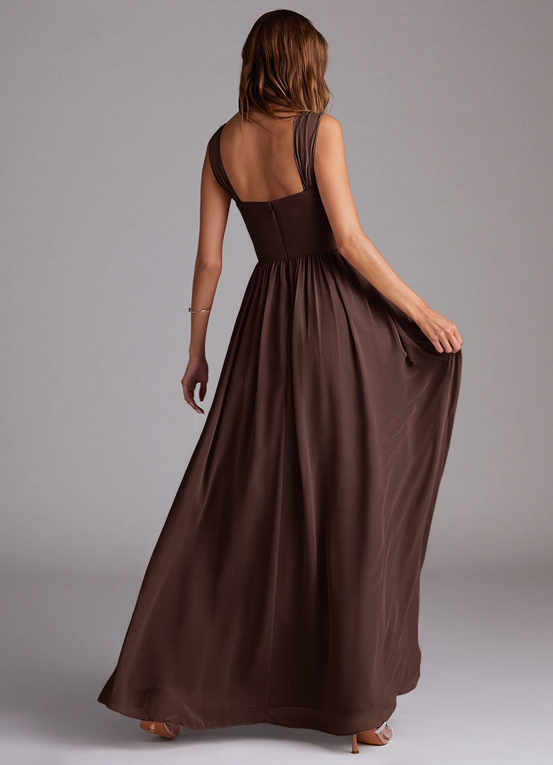 Azazie Calianna Vestidos de madrinha de casamento Vestido Ganache de Chiffon de Linha A com Fora do ombro image5