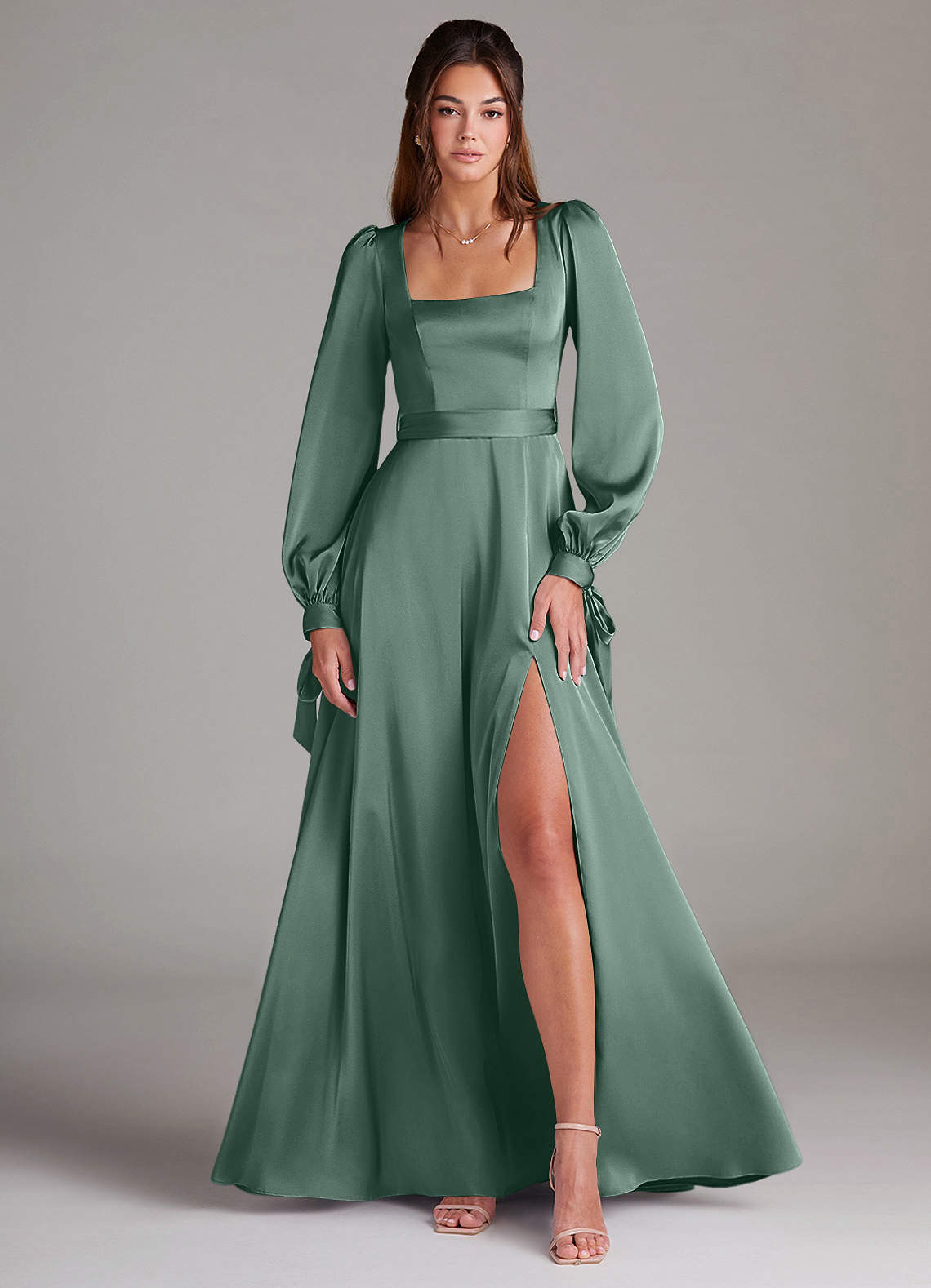 Azazie Leonia Bridesmaid Dresses Eucalyptus A-Line Long Sleeve Stretch Satin Dress image1