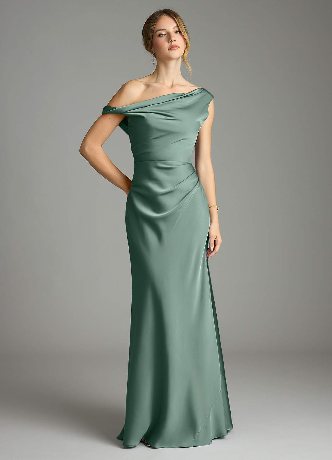 Azazie Emerson Bridesmaid Dresses Eucalyptus Mermaid Off the Shoulder Stretch Satin Dress image1
