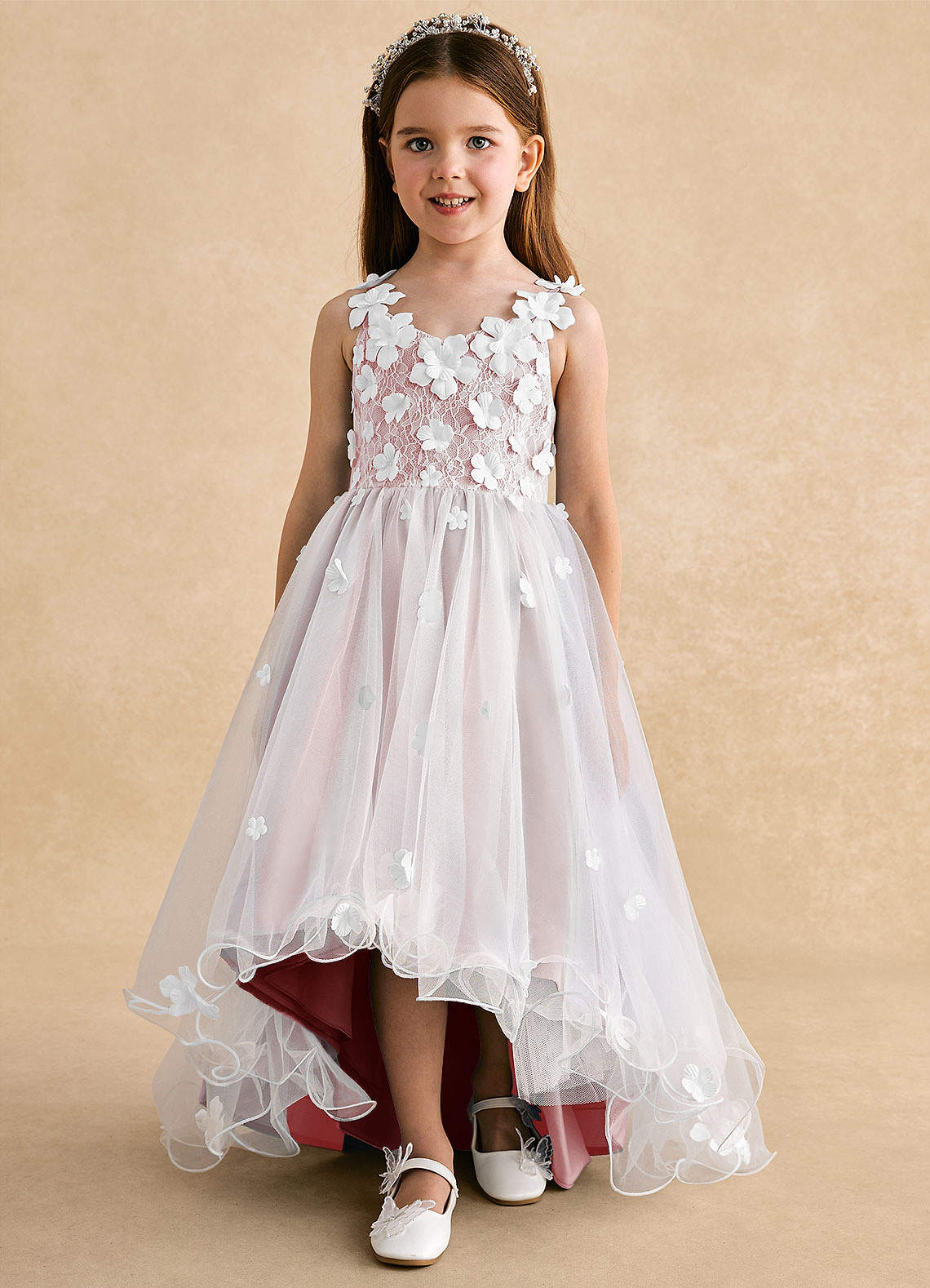 Azazie Celia vestidos de niña de las flores Vestido de Rosa Empolvado de Tul de Corte en A con Encaje image6