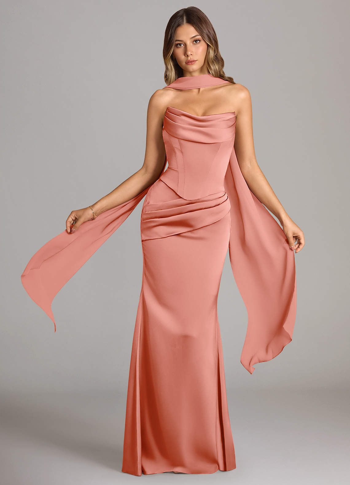 Azazie Sorrel Bridesmaid Dresses Coral Mermaid Strapless Stretch Satin Convertible Dress image1