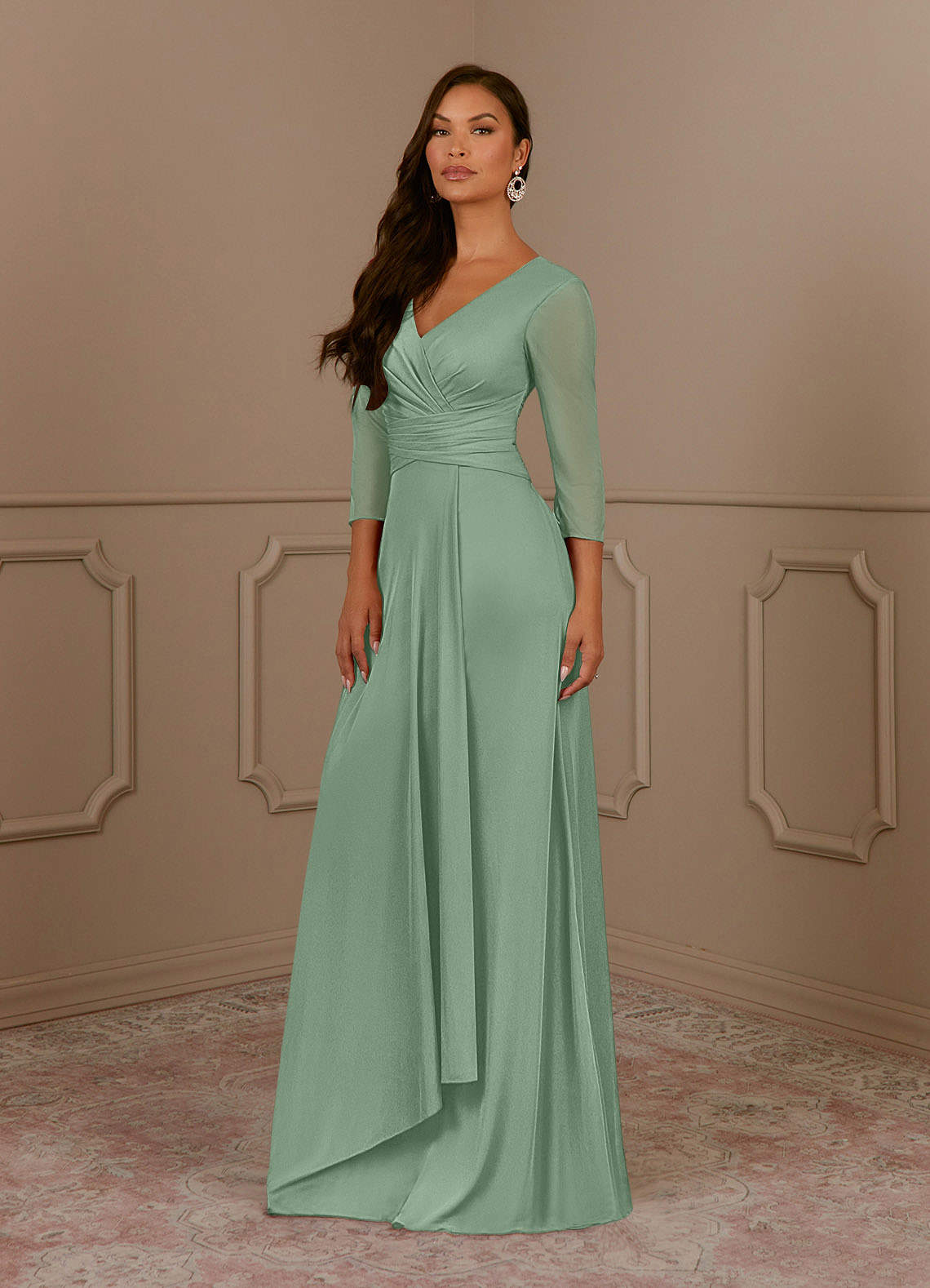 Azazie Annetta Matcha A-Line V-Neck Pleated Mesh Dress | Azazie