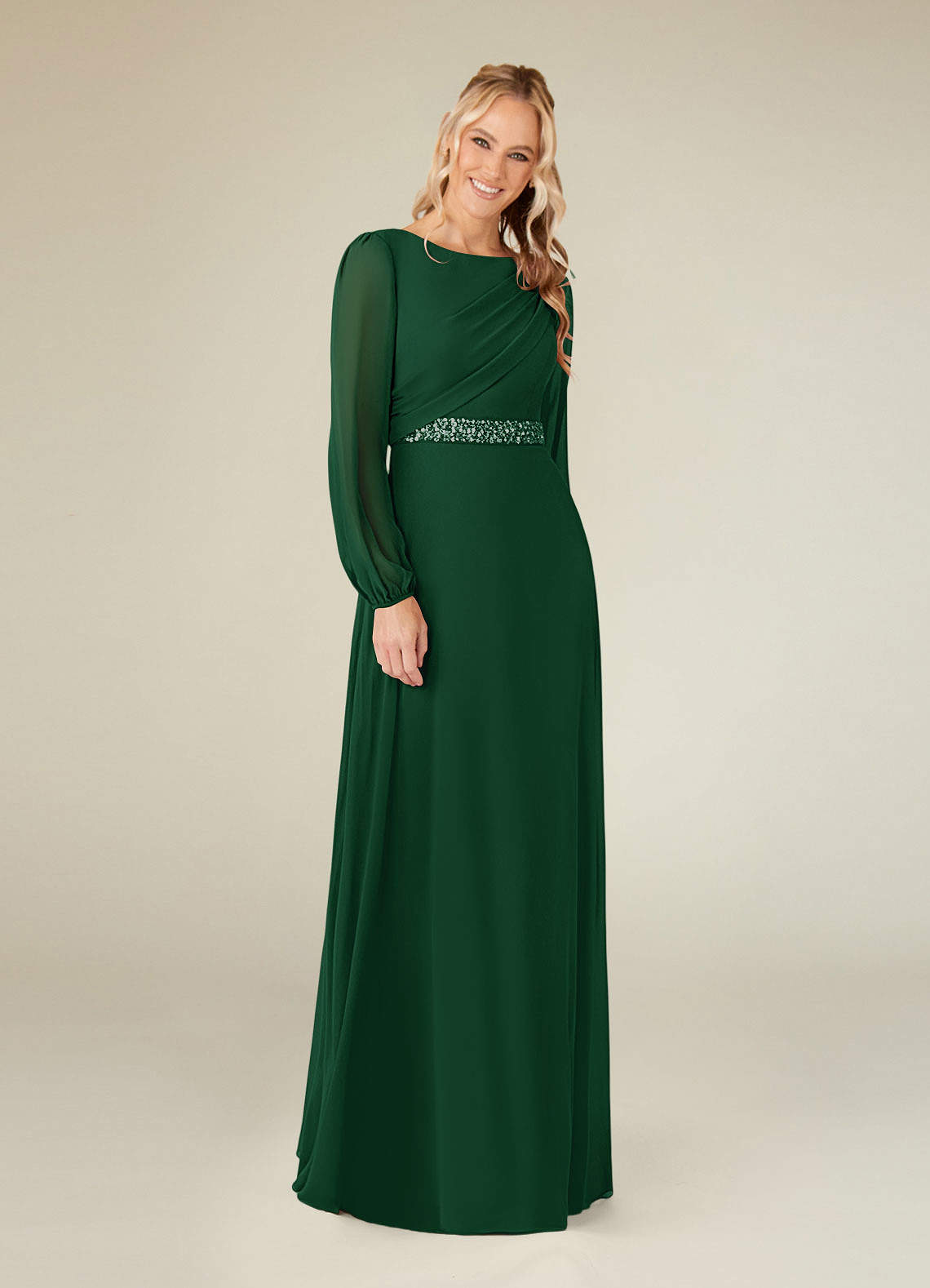 Azazie Priyanka Mother of the Bride Dresses Dark Green A-Line Boatneck Pleated Chiffon Dress image1