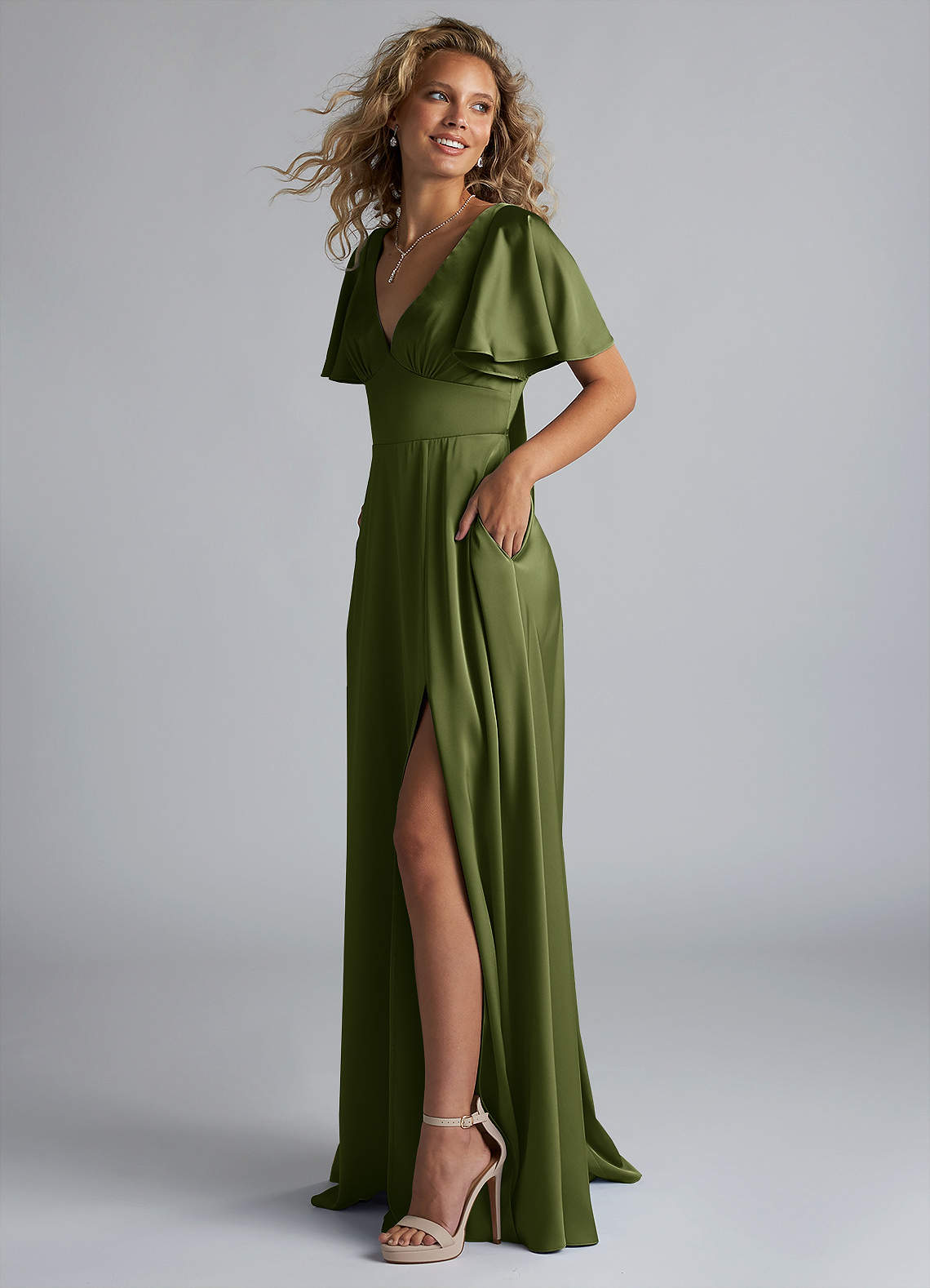 Azazie Kimber Bridesmaid Dresses Olive A-Line Ruched Stretch Satin Dress image5