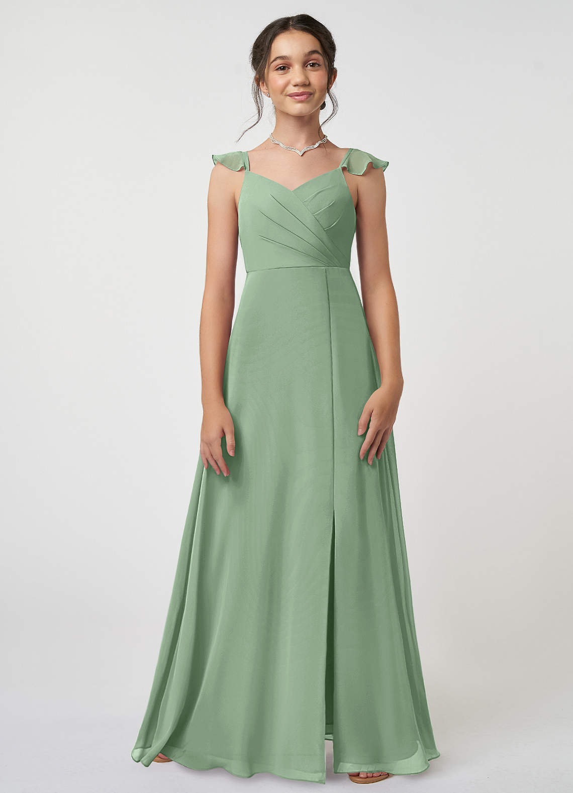Azazie Amada Vestido de Matcha de Gasa/ Chiffon de Acampanado con Volante image1