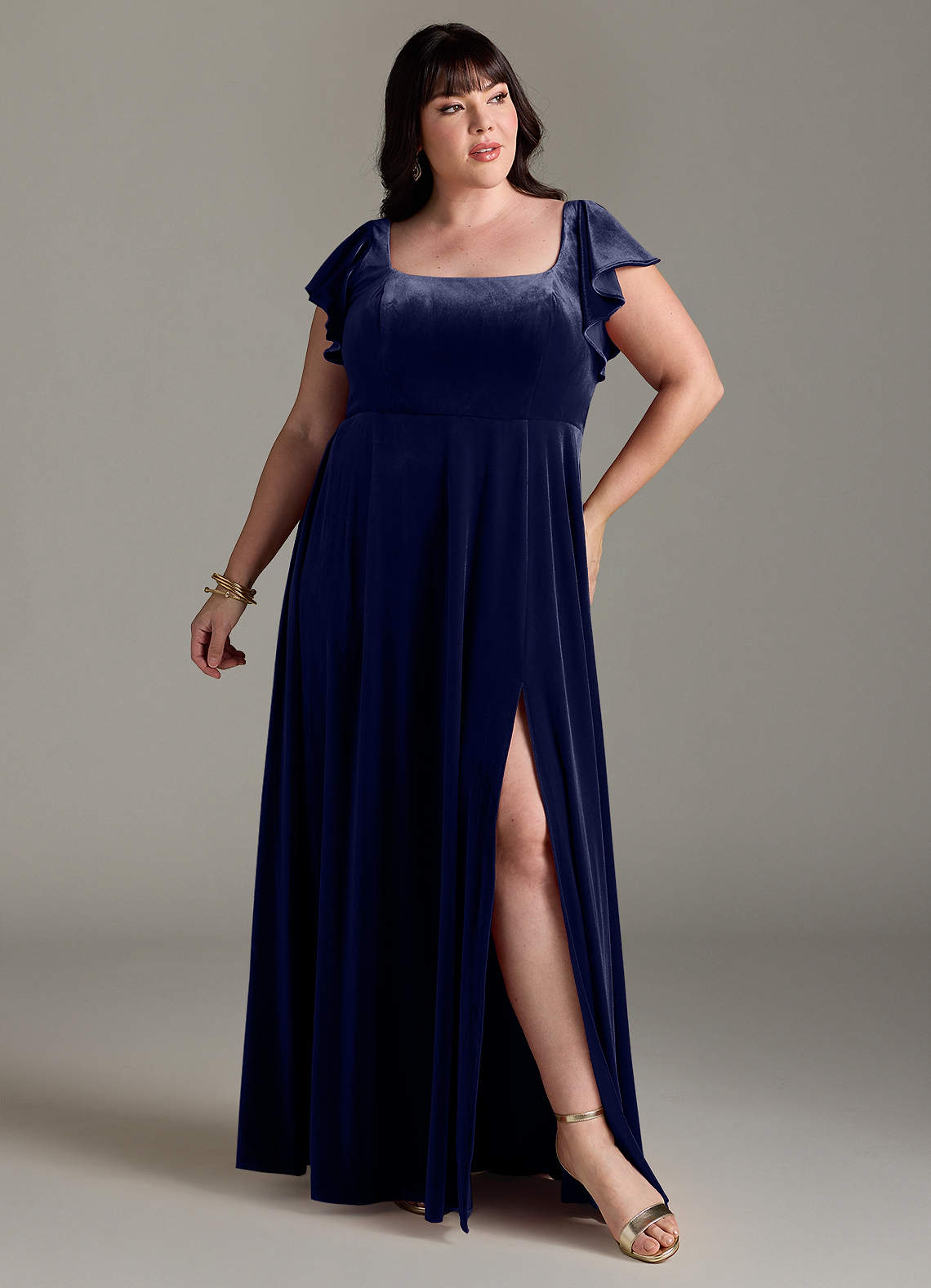 Azazie Bondi Bridesmaid Dresses Dark Navy A-Line Side Slit Velvet Dress image1