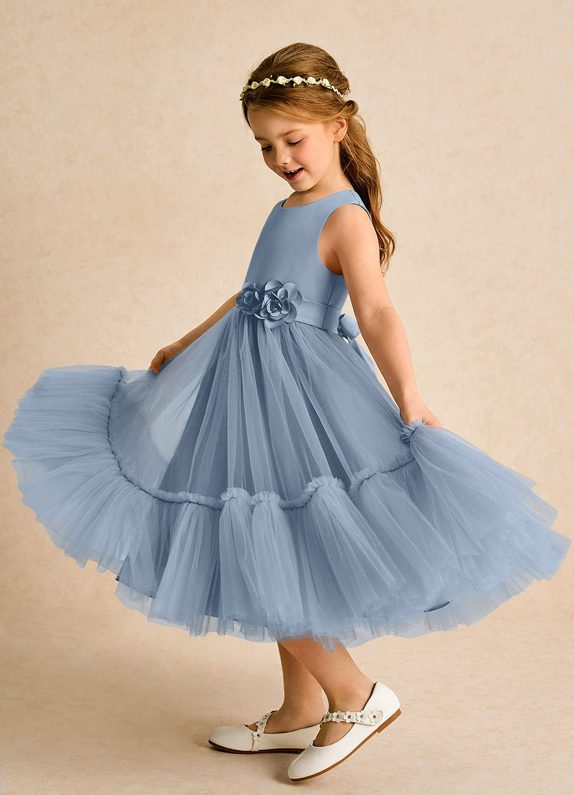Azazie Miracle Flower Girl Dresses Dusty Blue A-Line Bow Matte Satin Dress image1