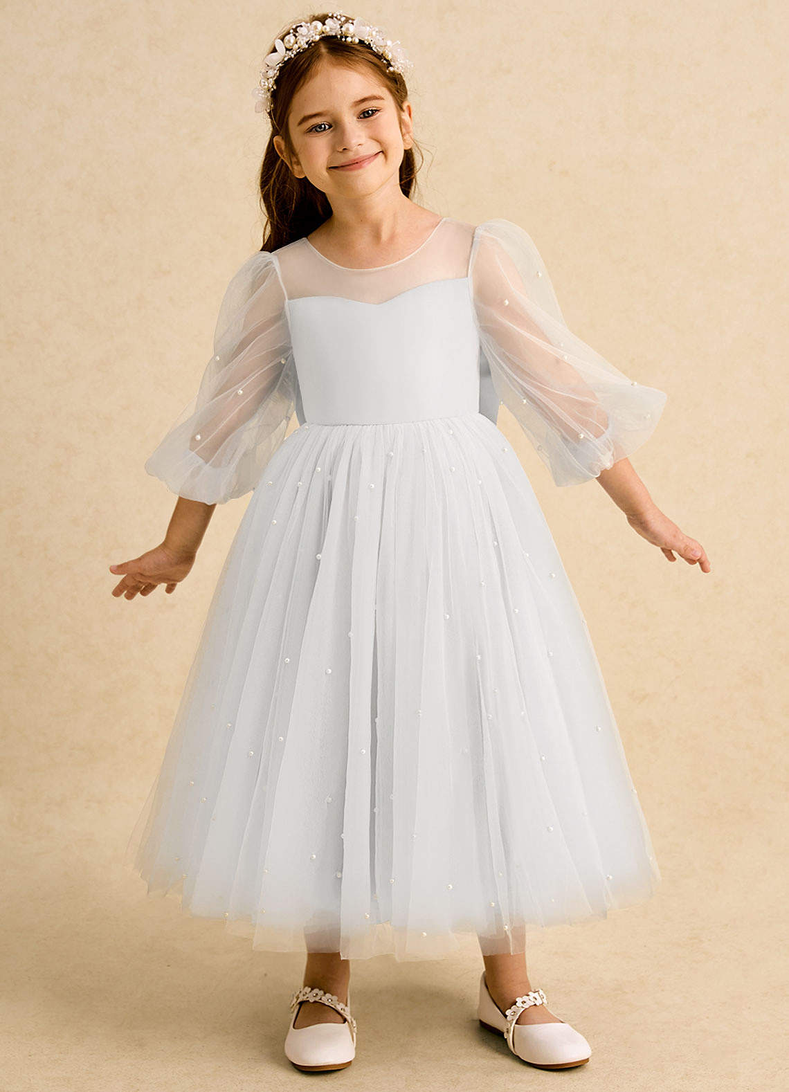 Azazie Trudy vestidos de niña de las flores Vestido de Blanco de Tul de Corte Princesa con Escote de Corazón image2