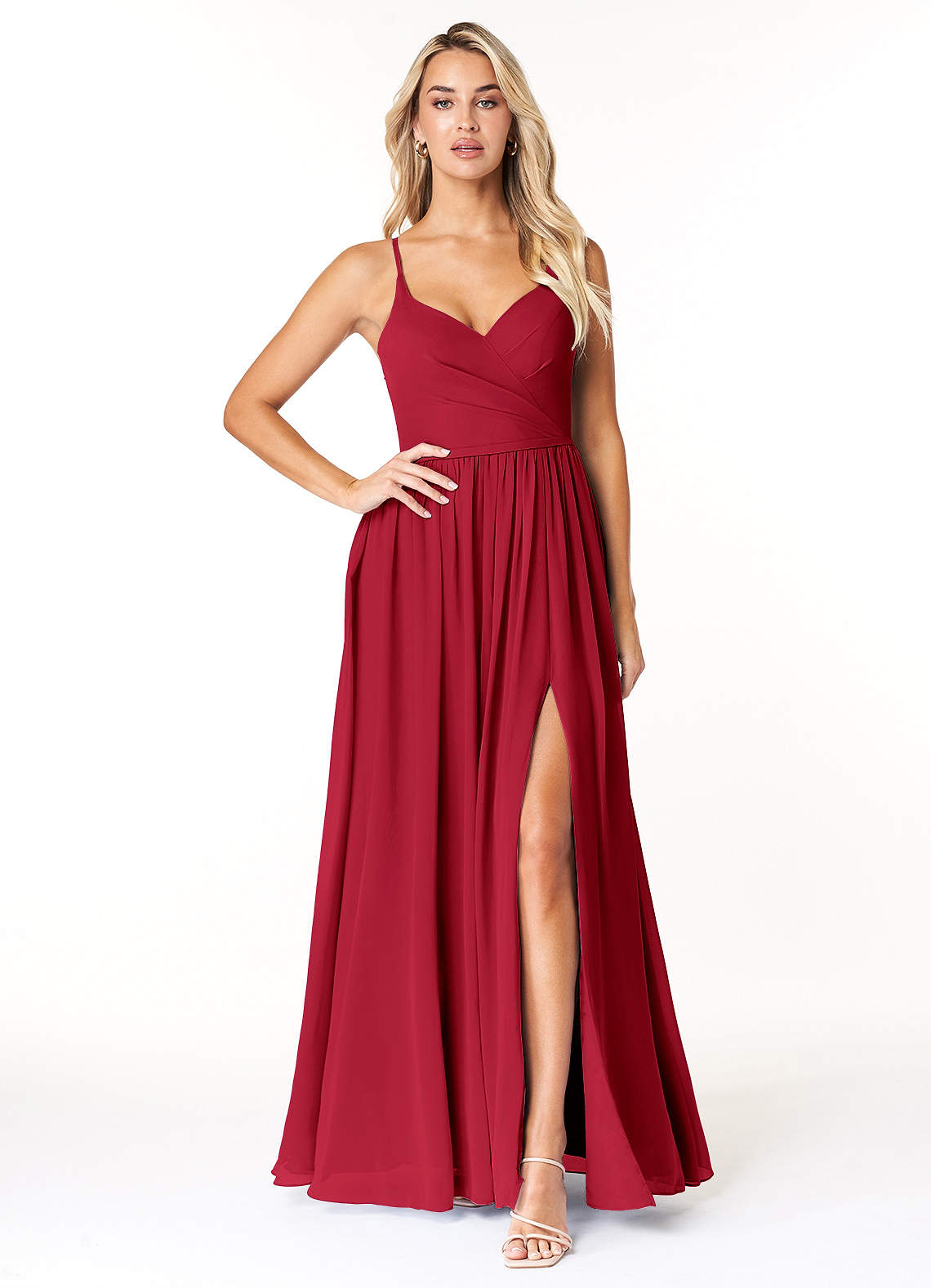 Azazie Dominic Brautjungfernkleider A-Linie V-Hals Gefaltet Chiffon Kleid Scharlachrot image1