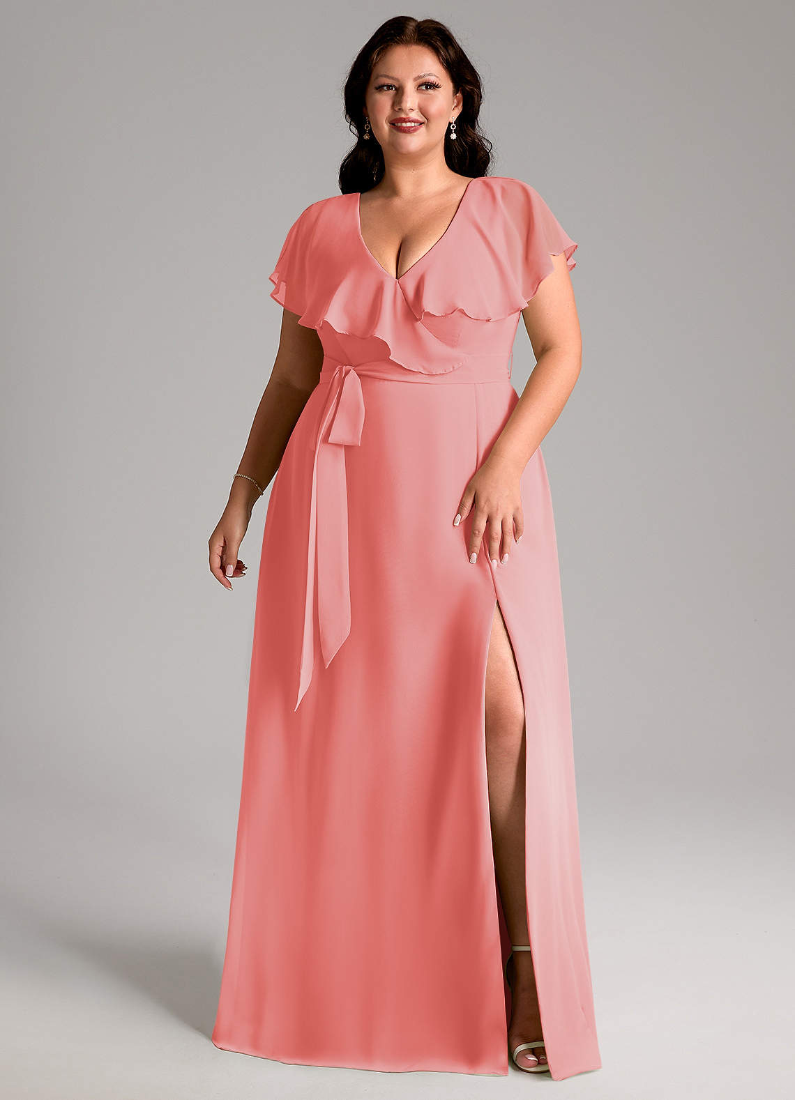 long chiffon coral bridesmaid dresses Elyvanna Elegant A-Line Spaghetti Straps Ruffles Long Chiffon Bridesmaid Dresses, Terracotta
