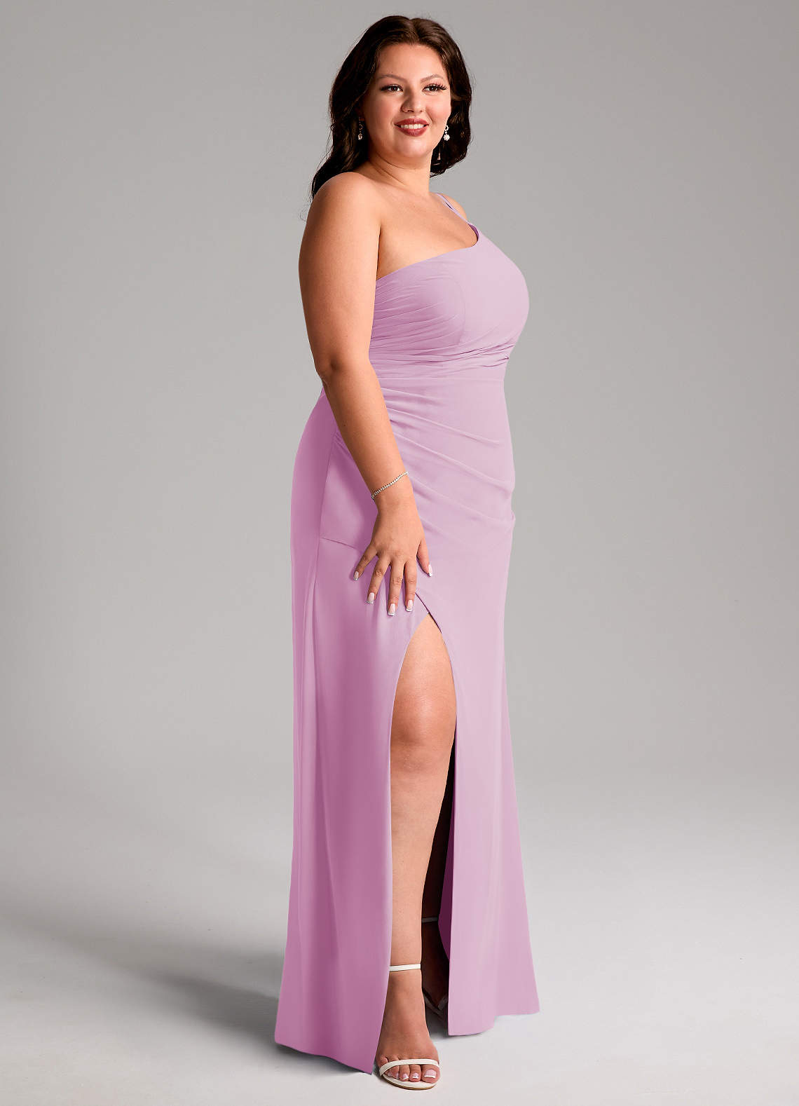 Azazie Eren Vestidos de damas de honor Vestido de Rosa Caramelo de Gasa de Corte Recto con Hombro unilateral image11