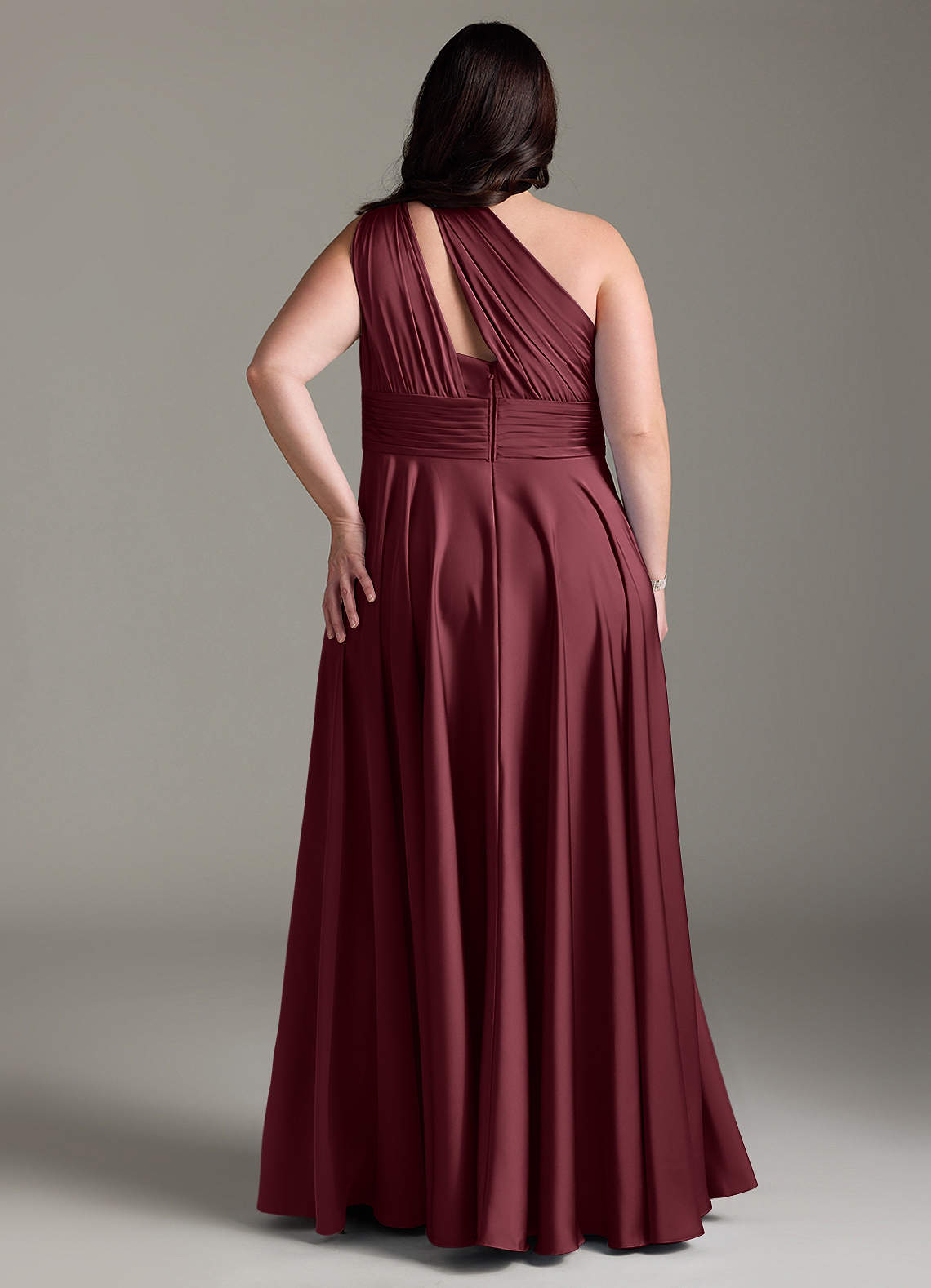 Azazie Charlize Vestidos de damas de honor Vestido de Merlot de Satén Elástico de Corte en A con Hombro unilateral image9