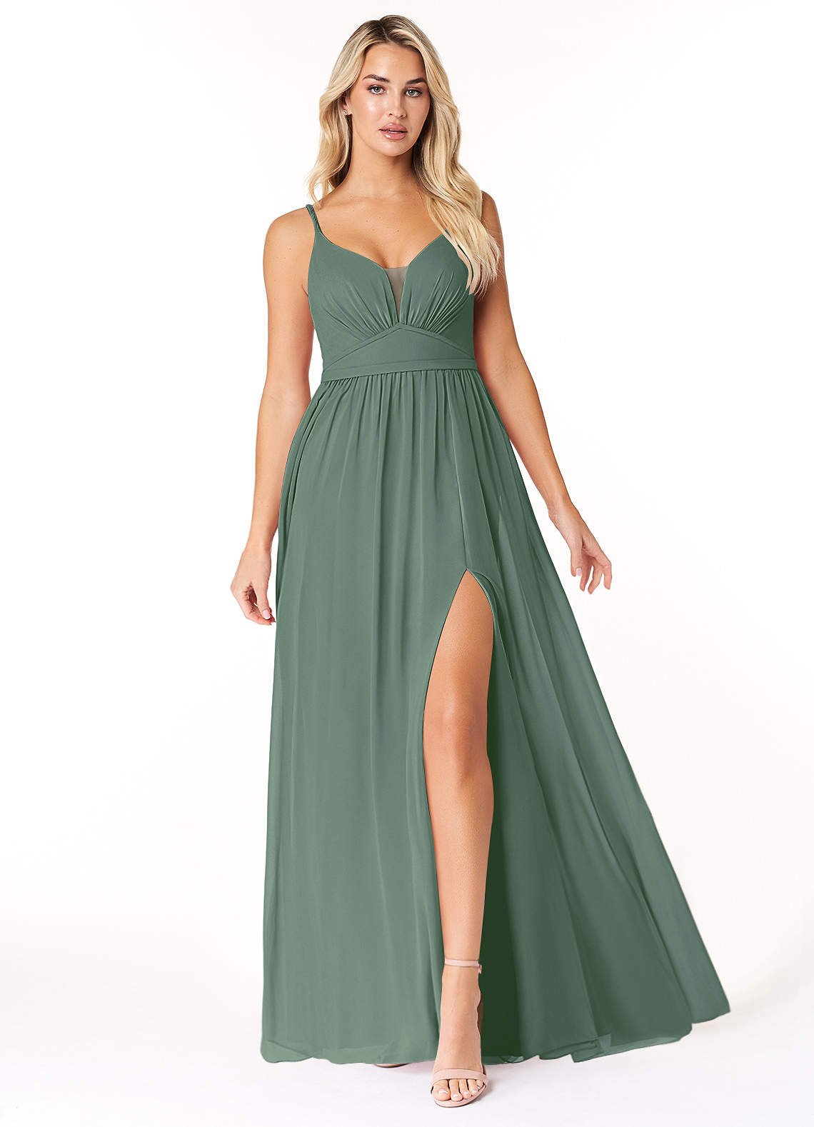 Azazie Rayna Bridesmaid Dresses Eucalyptus A-Line V-Neck Pleated Chiffon Dress image1