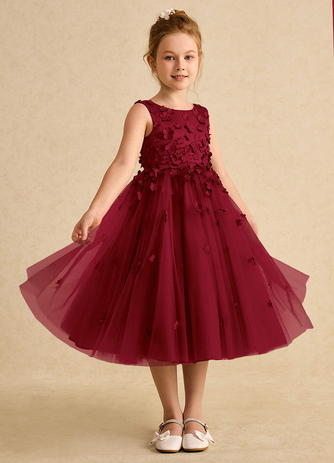 Azazie Lana Flower Girl Dresses Burgundy A-Line Sleeveless Matte Satin Dress image4