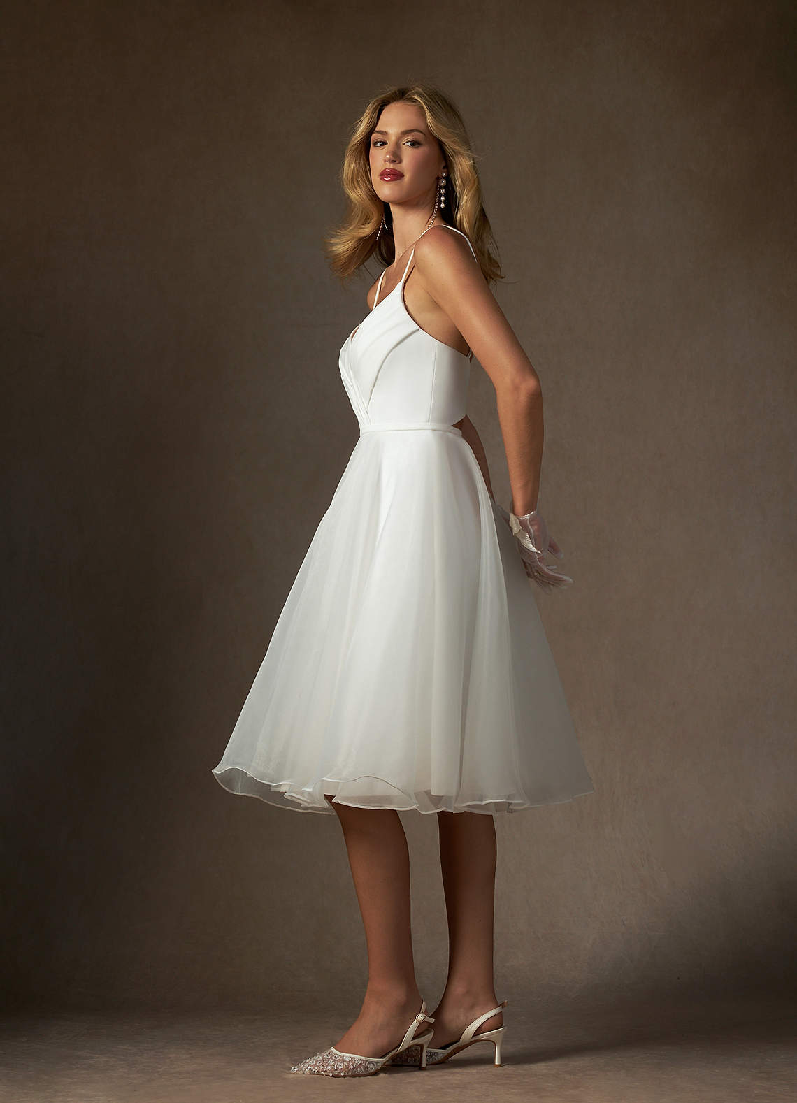 Azazie Ardea Wedding Dresses Diamond White A-Line V-Neck Pleated Stretch Crepe Dress image4