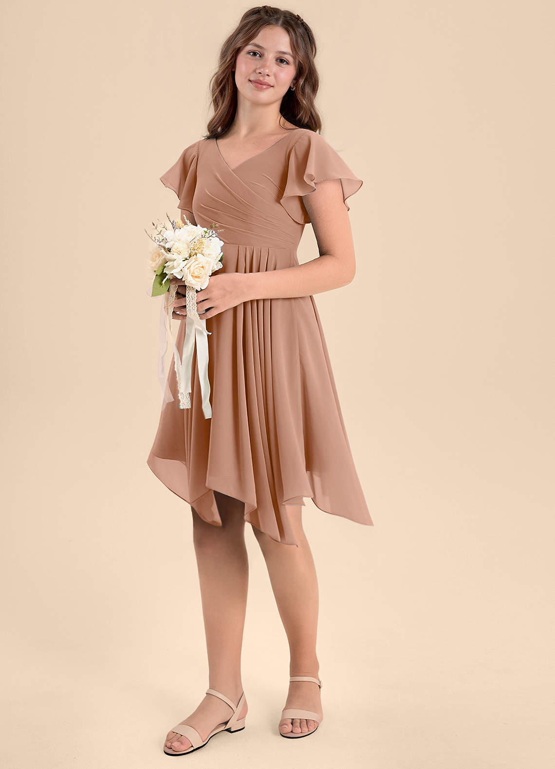 Azazie Janeaurelia Junior Champagne Rose A-Line Pleated Chiffon Dress image1