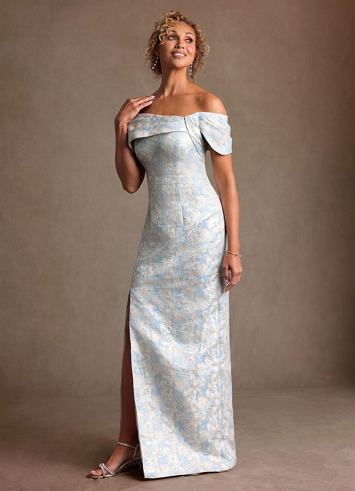 Azazie Zion Dusty Blue Sheath Off the Shoulder Jacquard Dress | Azazie