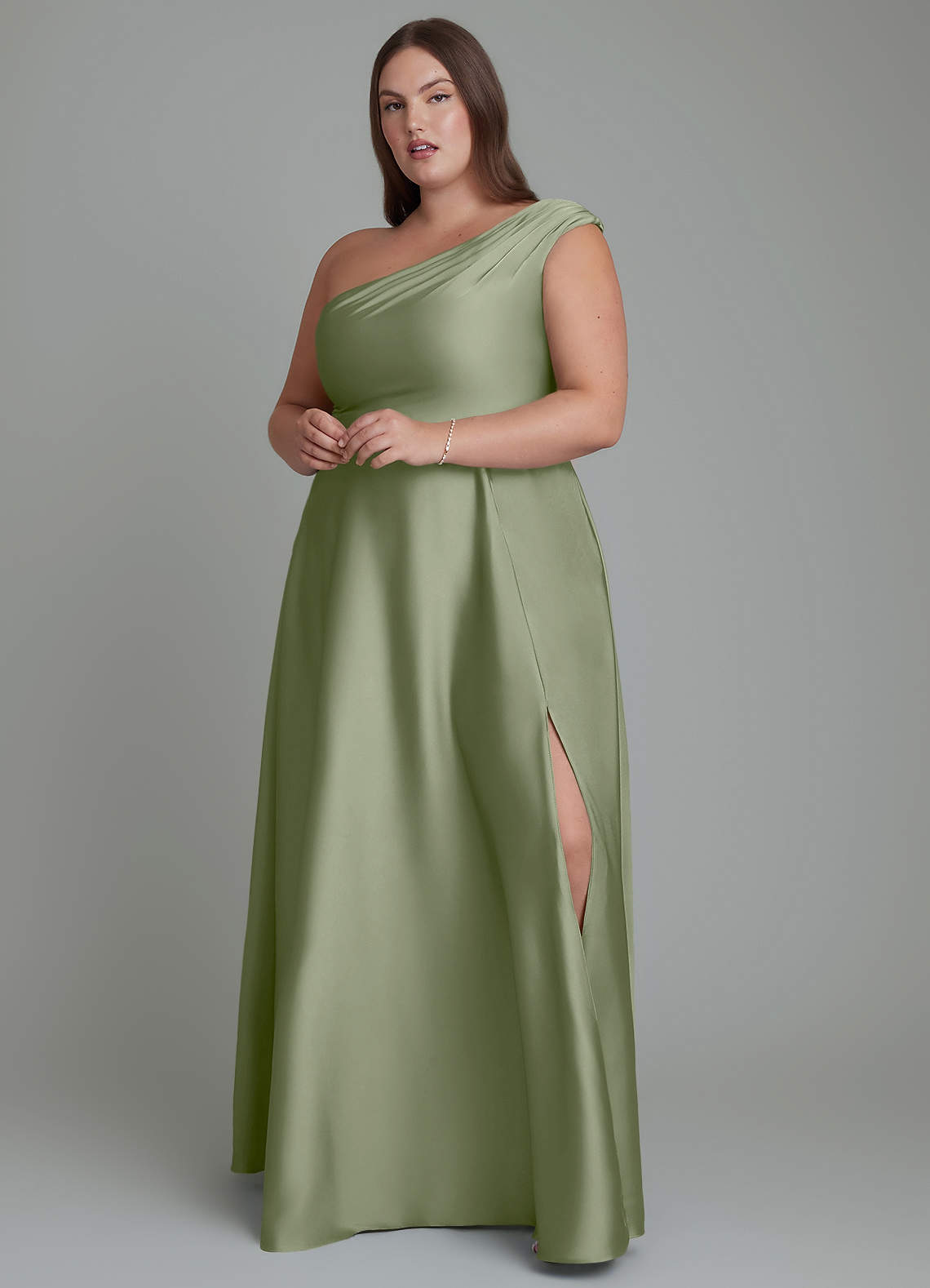 Azazie Melanie Jurken voor bruidsmeisjes Jurk van Stretch Satijn met A-lijn Off-shoulder Pistache image1