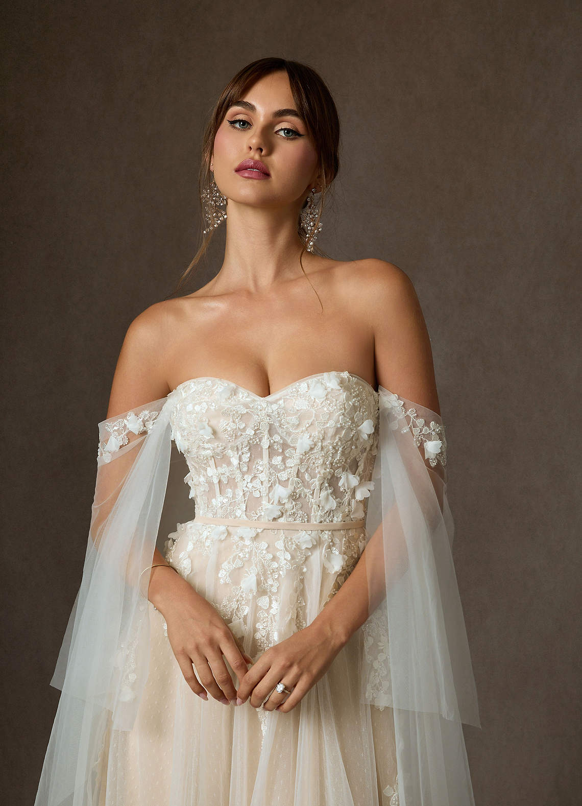 Azazie Wynery Wedding Dresses Diamond White Champagne Ball-Gown Off the Shoulder Lace Dress image1