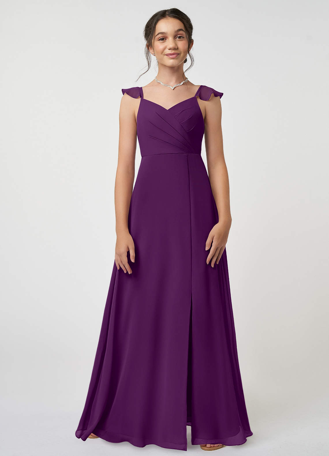 Azazie Amada Junior Jurk van Chiffon met A-Lijn Ruches Druif image1