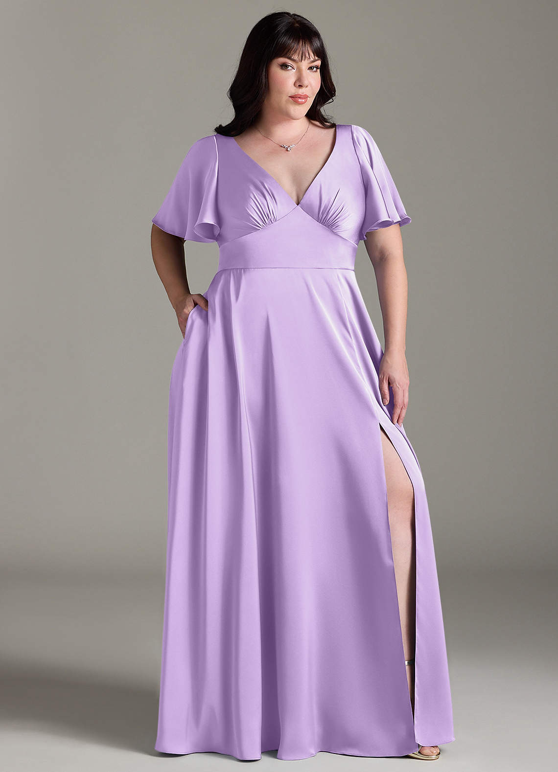 Azazie Kimber Bridesmaid Dresses Lilac A-Line Ruched Stretch Satin Dress image8