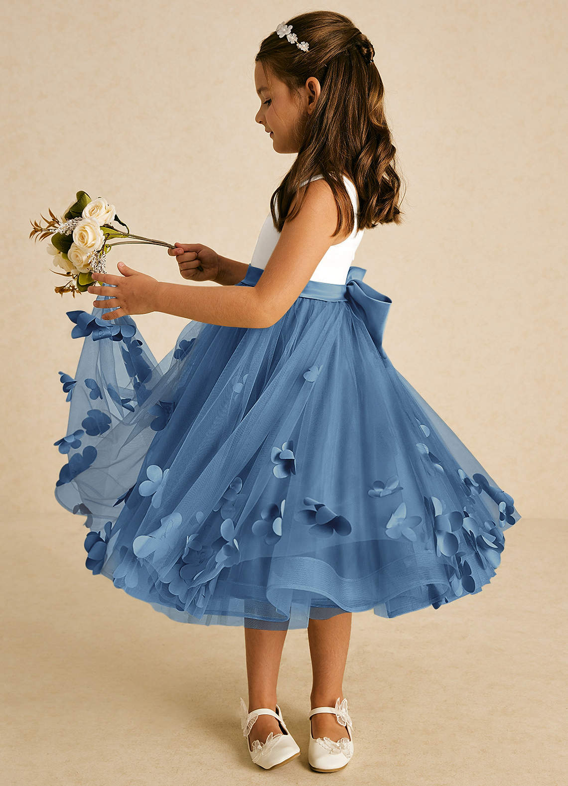 Azazie Sprout Flower Girl Dresses Steel Blue A-Line Bow Tulle Dress image3