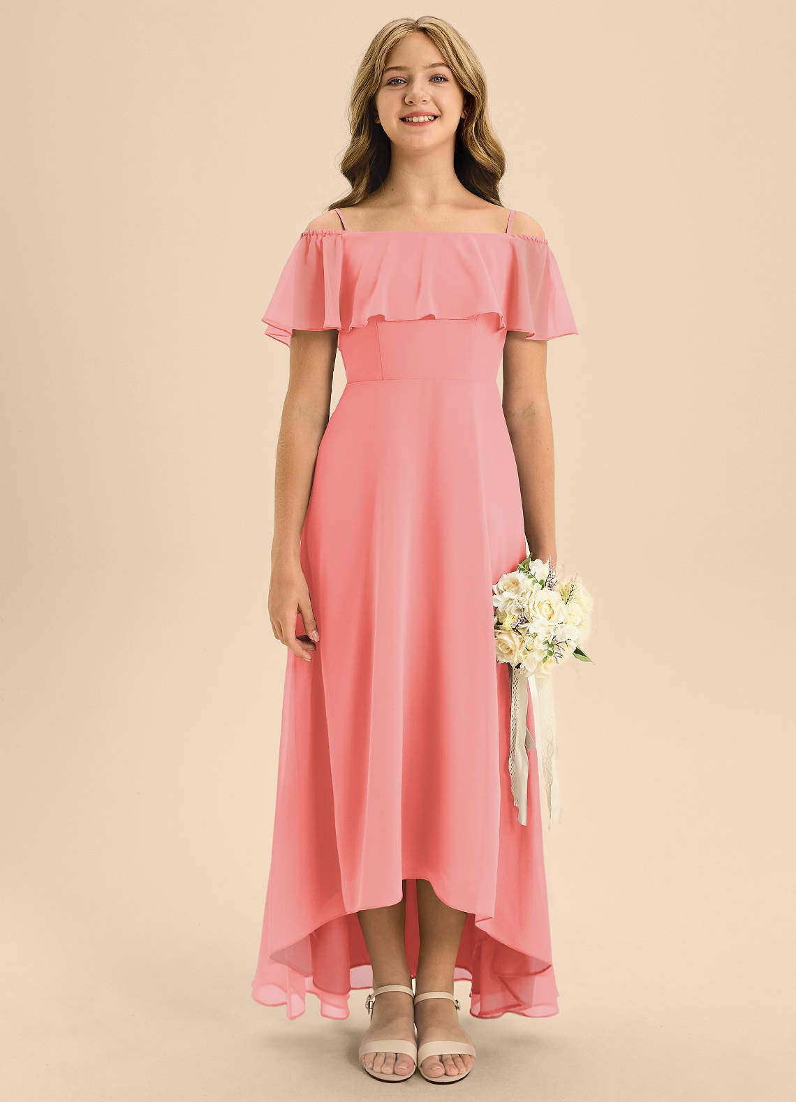 Azazie Maggie Junior Coral A-Line Off the Shoulder Chiffon Dress image1