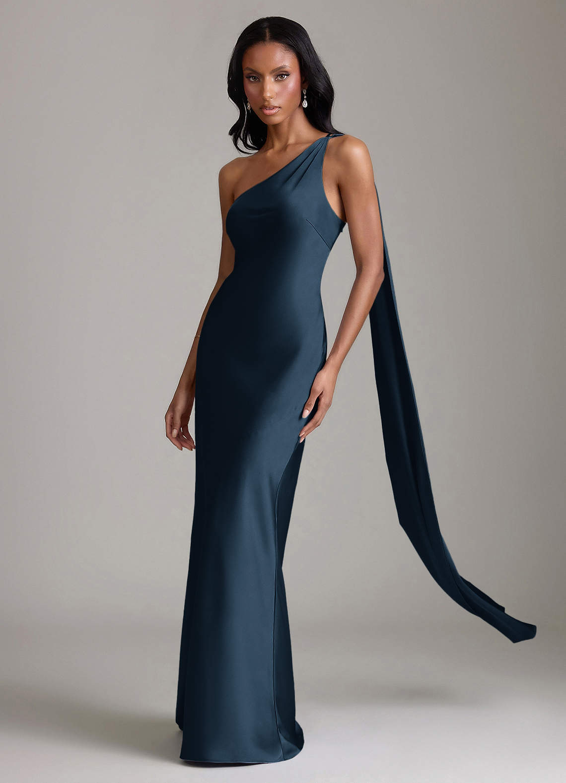 one shoulder mermaid bridesmaid dresses Azazie Juniper Natalie Knit Dress in product_family:BEBE2194 Veil:Without Veil This long bridesmaid dress