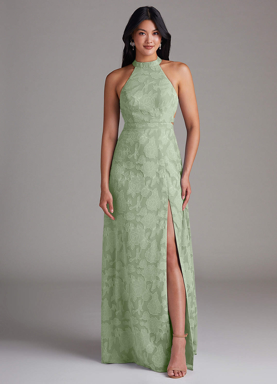 Azazie Clarice Brautjungfernkleider A-Linie Seitliche Cut-Outs Blumen-Burnout Kleid Staubiger Salbeigrün image3