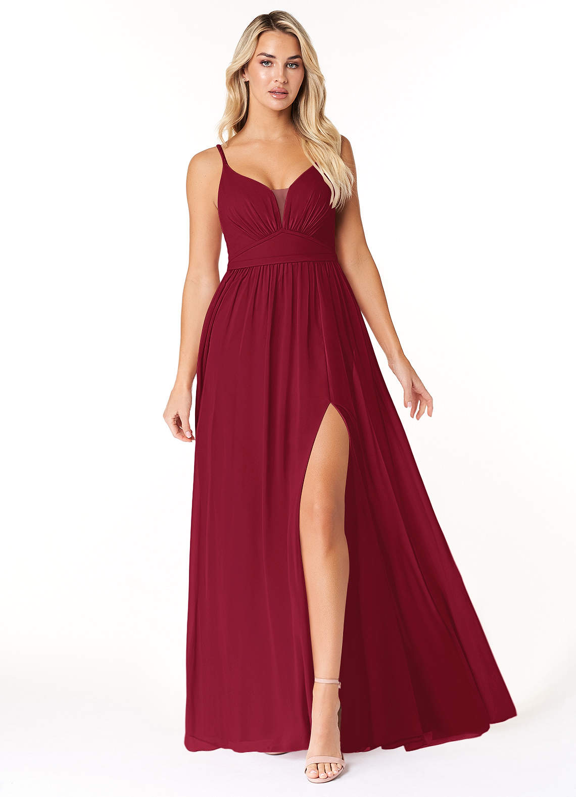 Azazie Rayna Bridesmaid Dresses Burgundy A-Line V-Neck Pleated Chiffon Dress image1