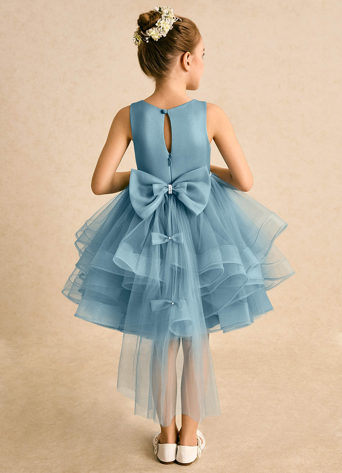 Azazie Tinie Blumenmädchenkleider Ballkleid Schleifen Tüll Kleid Stimmungsvolles Blau image1