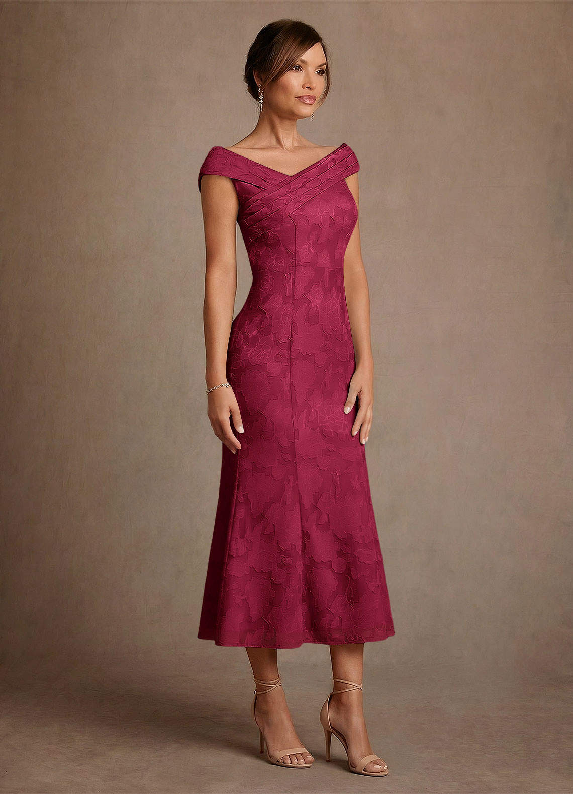 Azazie Keith Mother of the Bride Dresses Burgundy Sheath Pleated Floral Burnout Dress image2