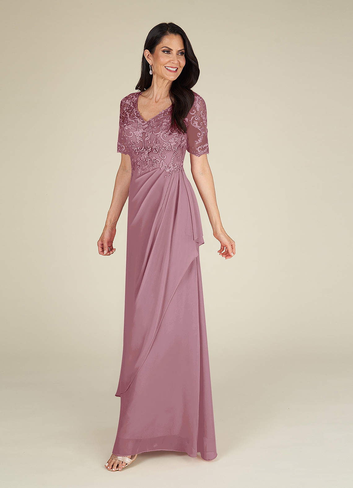 A-Line Lace Illusion Neck Short Sleeves Chiffon Dress Vintage Mauve