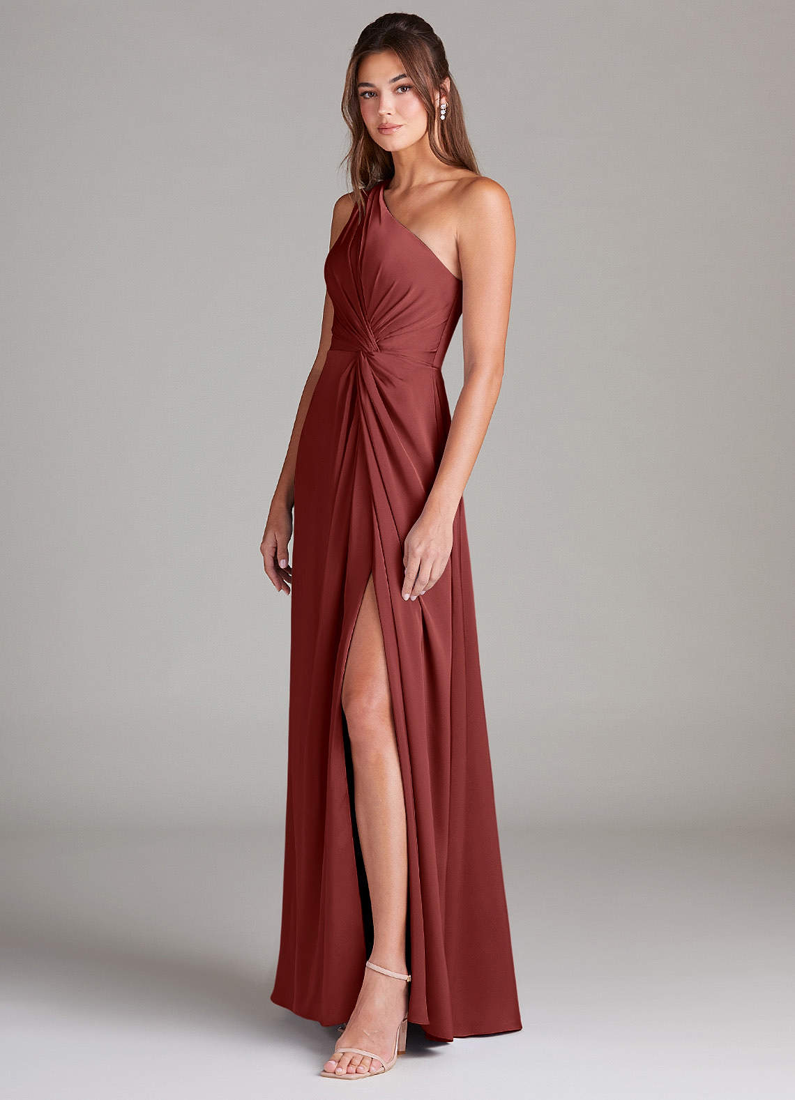 dark terracotta bridesmaid dress Azazie A-Line One-Shoulder Floor-Length Stretch Satin Dresses Available in Terracotta CUPSOLE Penny outfits kaley cuoco Mask Color:Black Gold Ombre Mask