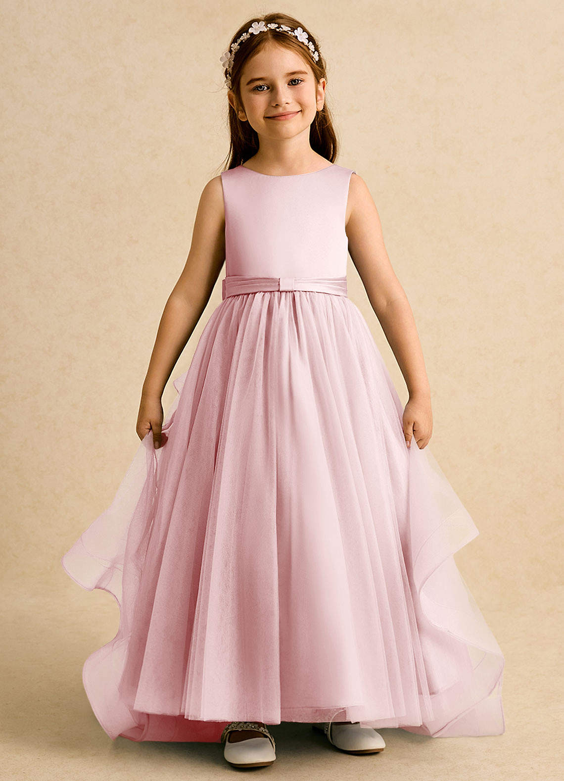 Azazie Lior Robe Demoiselle D'honneur Fillette Robe Princesse en Tulle Plissée Rose Poudré image1