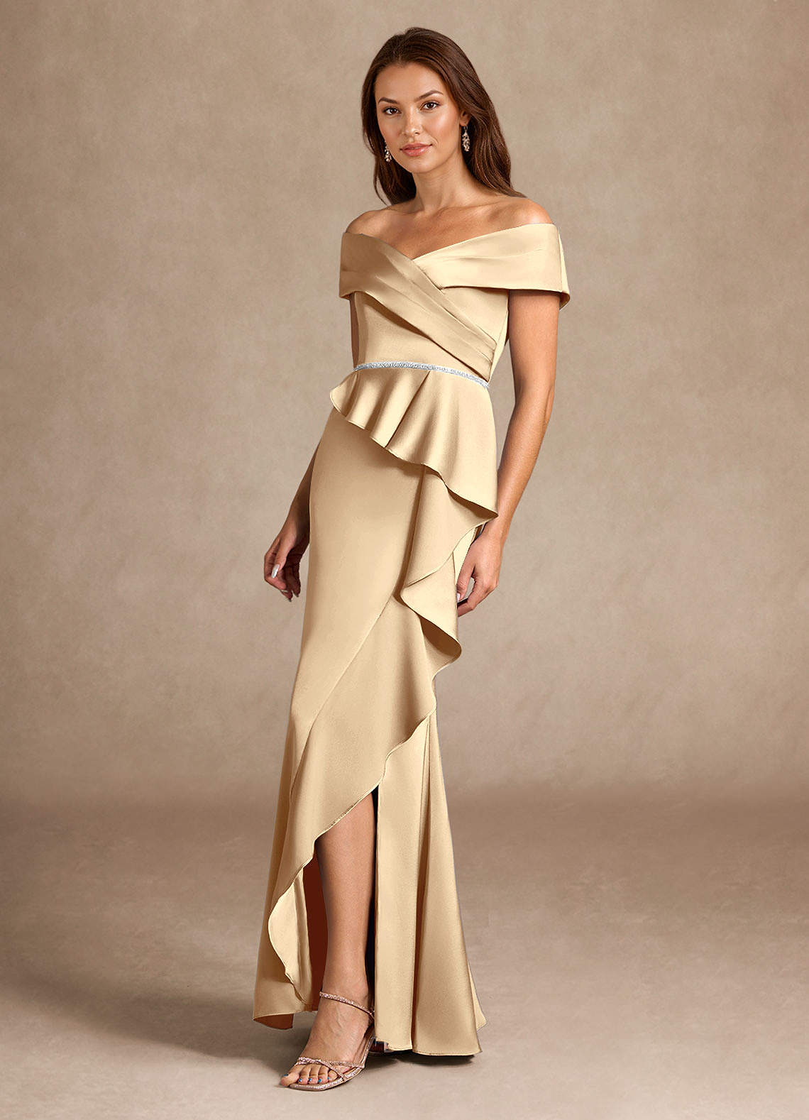 Azazie Dareia Champagne Mermaid Off the Shoulder Stretch Satin