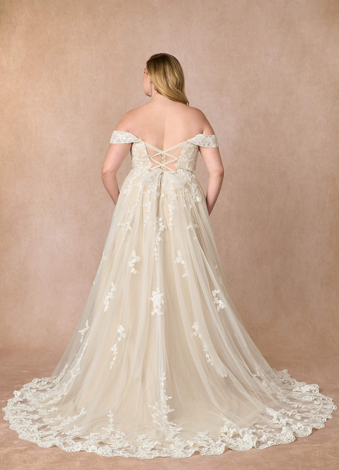 Azazie Botanica At-home Try On Dresses Diamond White Champagne A-Line Off the Shoulder Tulle Dress image8