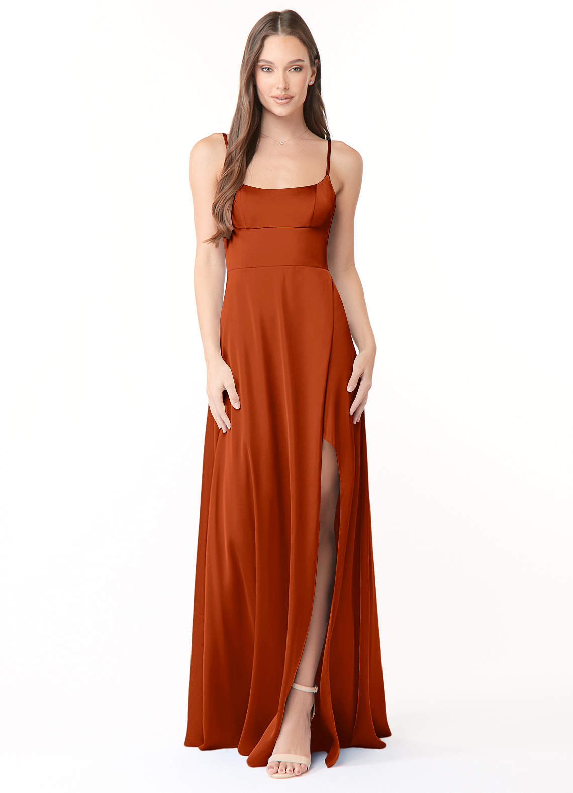 Azazie Halsey Brautjungfernkleider Etui Seitliche Cut-Outs Stretch-Satin Kleid Paprika image1