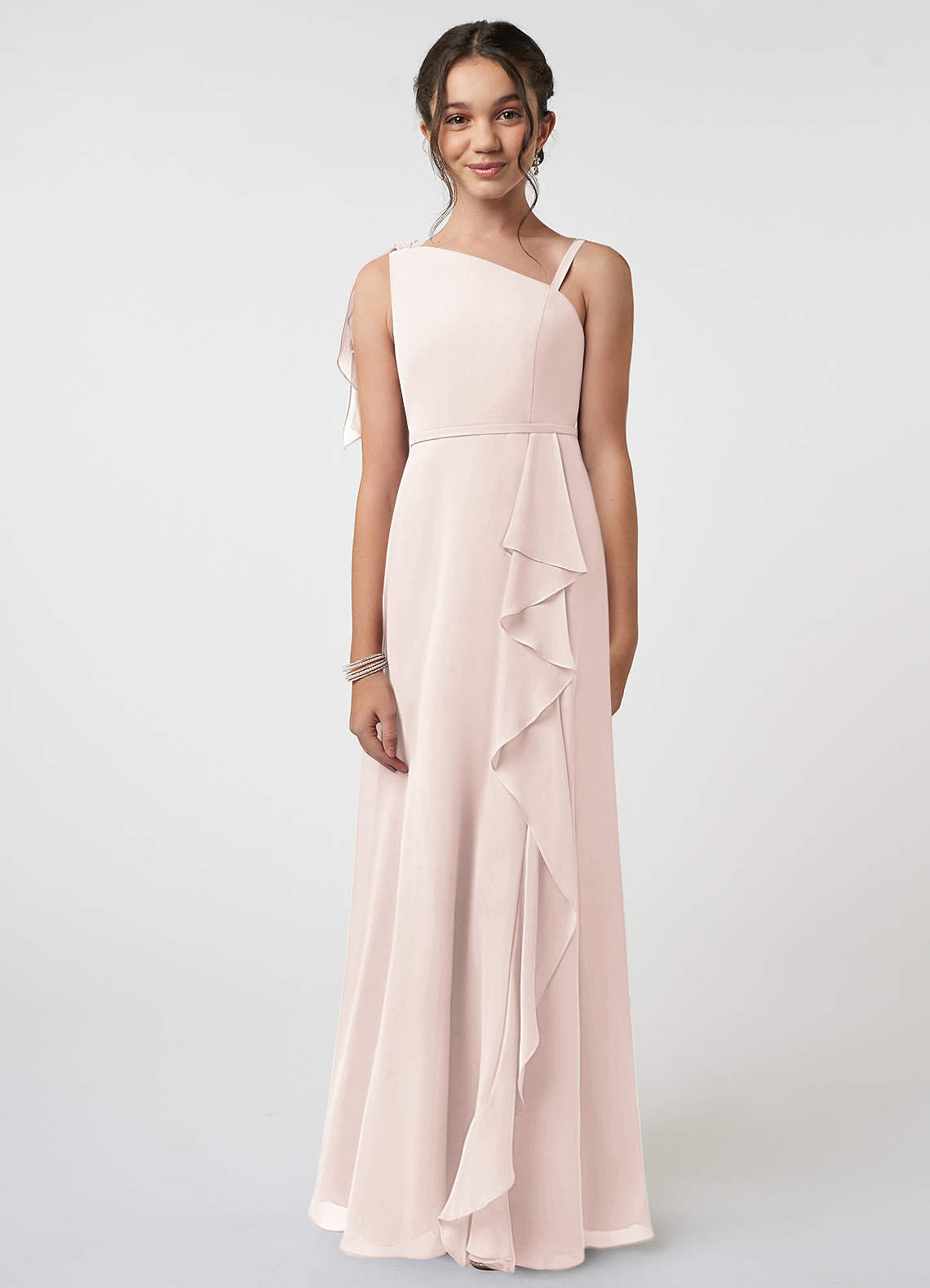 Azazie Aidy Junior A-Linie Schleifen Chiffon Kleid Blassrosa image1