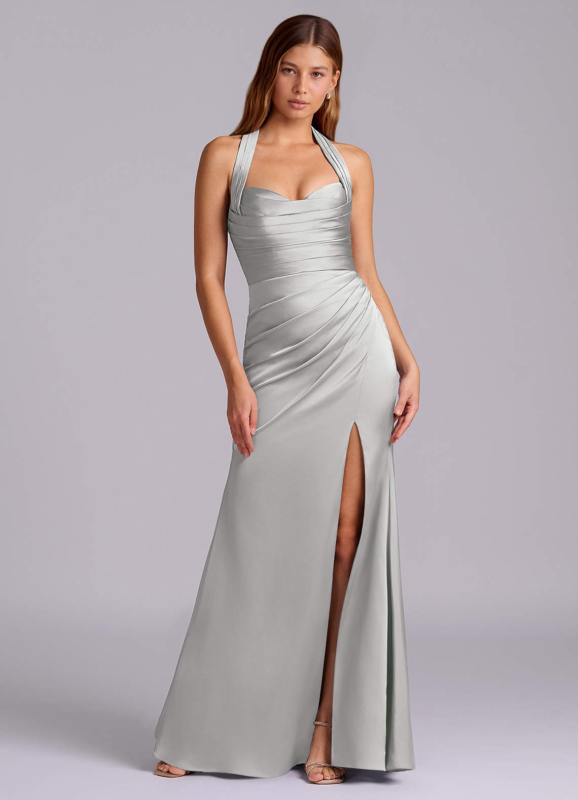 Azazie Destiny Bridesmaid Dresses Silver Mermaid Sweetheart Neckline Stretch Satin Dress image6