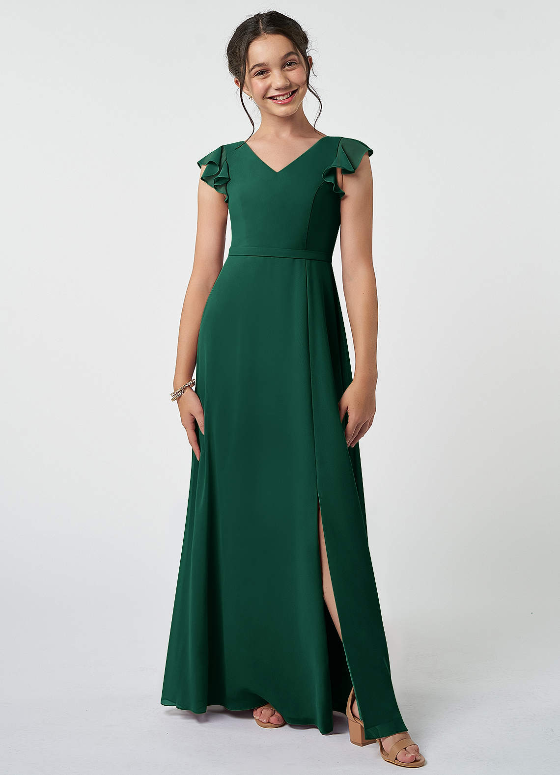 Azazie Claudine Junior Emerald A-Line Pleated Chiffon Dress image1