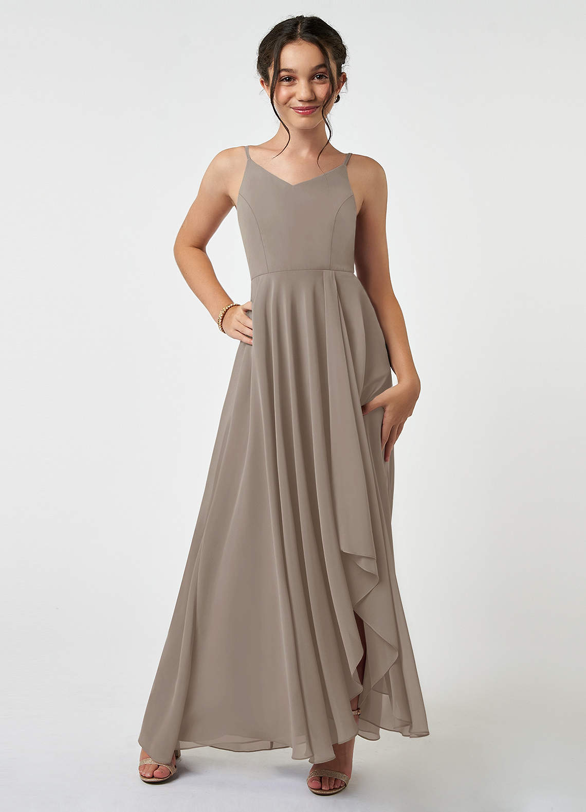 Azazie Collette Junior Taupe A-Line Ruched Chiffon Dress image1