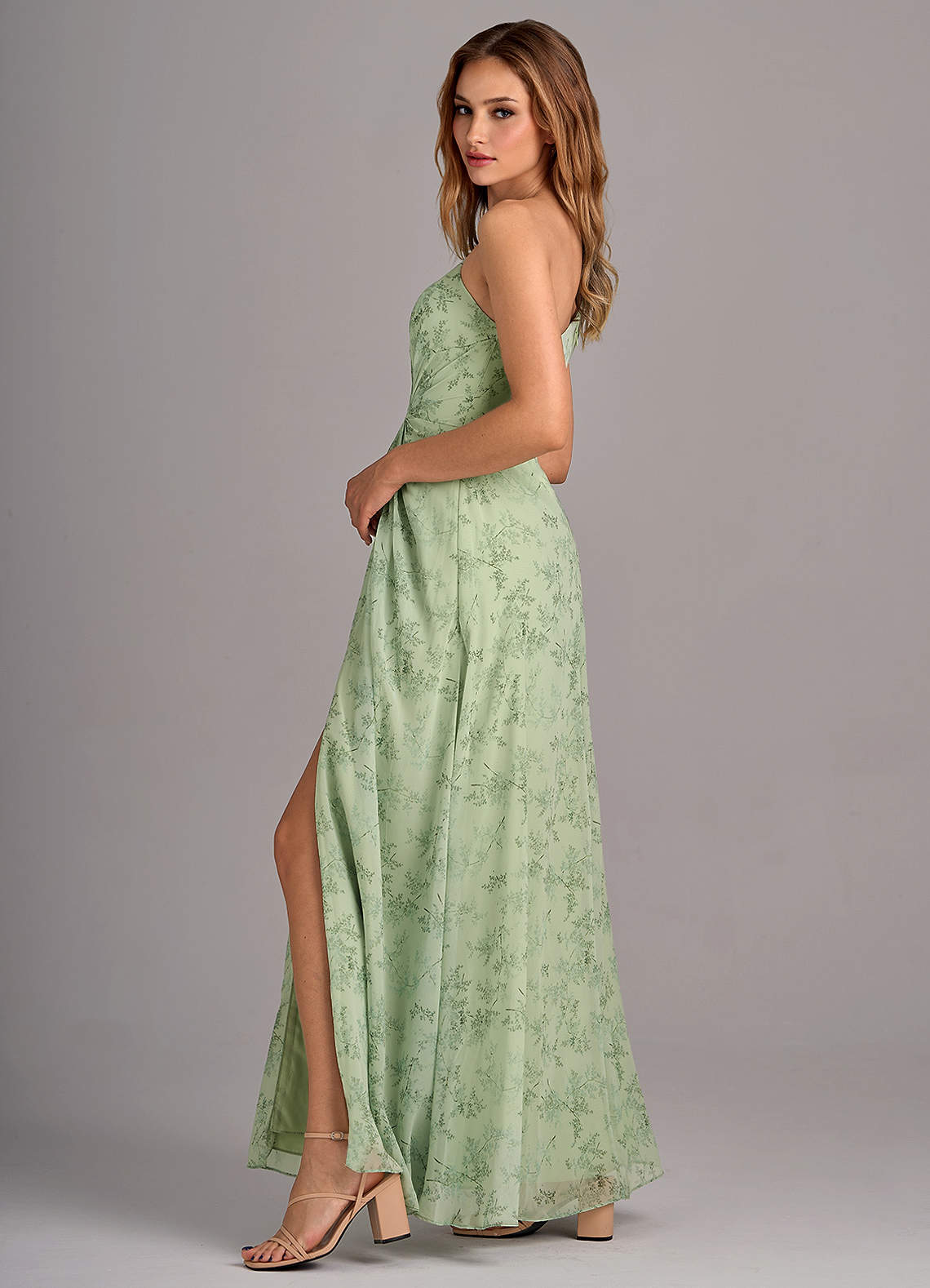 Azazie Brooke Bridesmaid Dresses Green Fern Floral A-Line One Shoulder Chiffon Dress image4