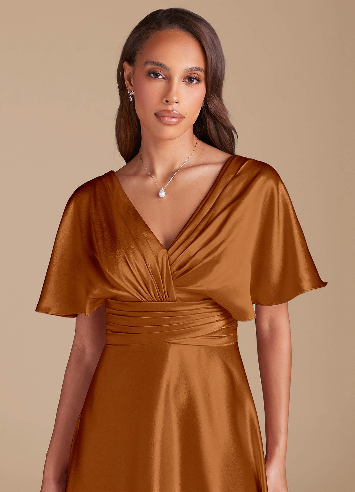 Azazie Pamela Bridesmaid Dresses Copper A-Line Pleated Metallic Satin Dress image1