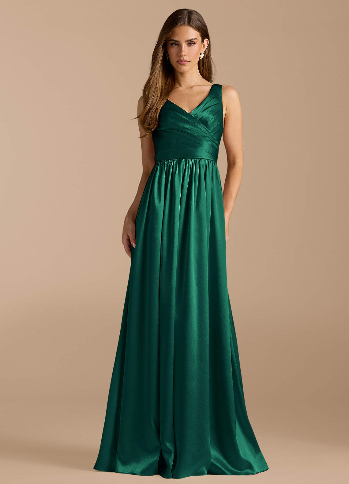 Azazie Keyla Bridesmaid Dresses Emerald A-Line Pleated Metallic Satin Dress image1