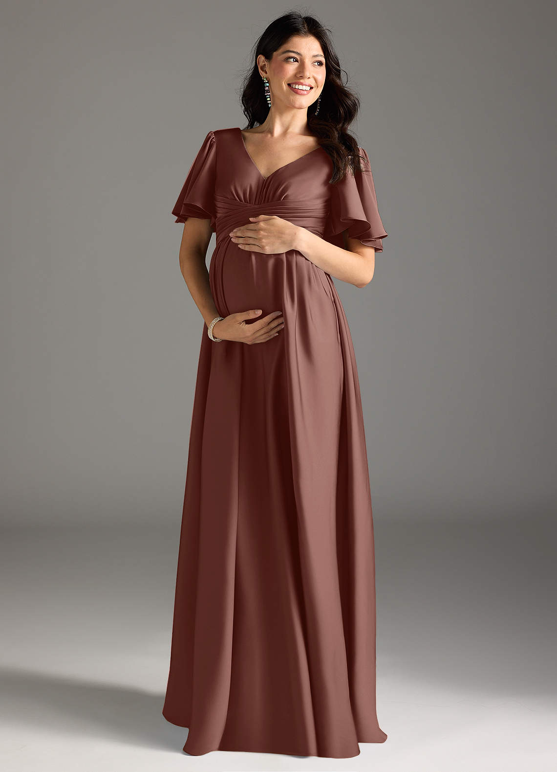 Azazie Verna vestidos de dama de honor de maternidad Vestido de Corte En A Volante Hasta el suelo Satén Elástico image2