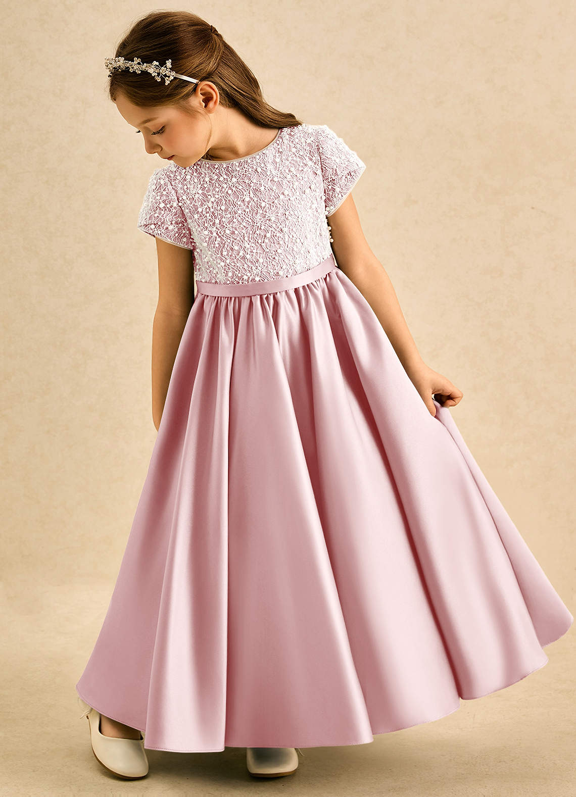 Azazie Cashew Robe Demoiselle D'honneur Fillette Robe Princesse en Mat Satiné avec manches Rose Poudré image4